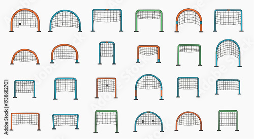 Various different designs and styles of soccer or hockey goals. A range of shapes, sizes, and colors create a visually interesting composition
