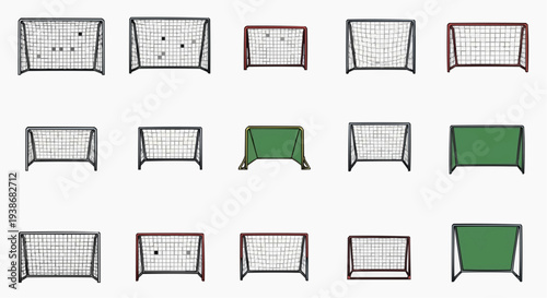 A collection of soccer goal in a variety of styles, showing different net design and colors