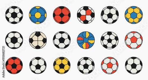 A colorful collection of footballs, each with a unique design, set against a simple backdrop