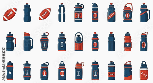 Diverse set of sport water bottles and american football balls displayed. The objects are in blue and red tones and are well organised, and suitable for sports and leisure themes