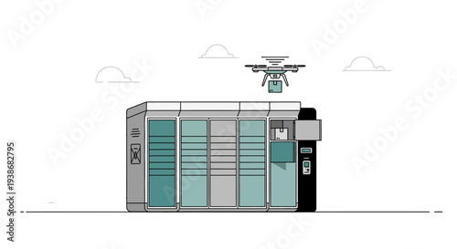 Drone delivering package to automated storage unit with modern technology and logistics system