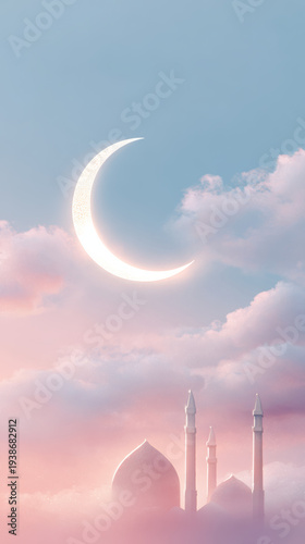 Crescent moon glowing above mosque domes and minarets, emerging from pastel pink and purple twilight clouds, evoking ramadan, eid, and peaceful spiritual reflection