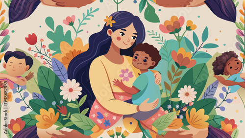 Happy Mothers Day Celebration with Loving Mom and Child Illustration
Mothers Day Greeting Background with Flowers Hearts and Family Love
Happy Mothers Day Card Design with Mom and Kids Love Concept
