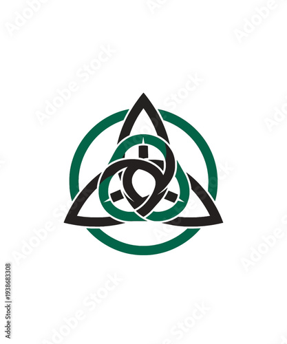 Striking black and green vector illustration of a triquetra knot surrounded by a circular Celtic design element.