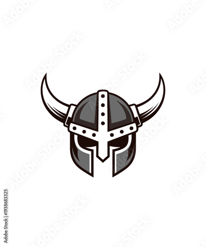 Fierce grayscale vector illustration of a classic viking warrior helmet featuring prominent horns and metallic accents