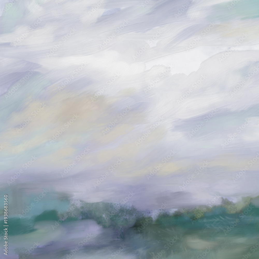 Obraz premium Impressionistic Colorful Soft Sunset Sunrise Cloudscape of Wispy Clouds in Sky Over Pine Tree Covered Forest-Digital Painting, Art, Illustration in Gray Purple, Lavender, Yellow & Green