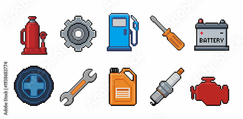 Pixel Art Car Maintenance and Repair Icons Set
