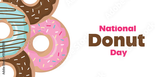 National Donut Day banner featuring colorful glazed donuts with chocolate icing pink frosting and sprinkles sweet dessert celebration design on light background
