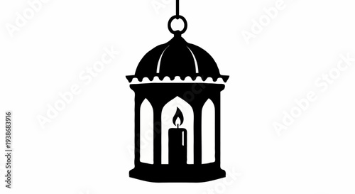 Black silhouette of a hanging lantern with a candle