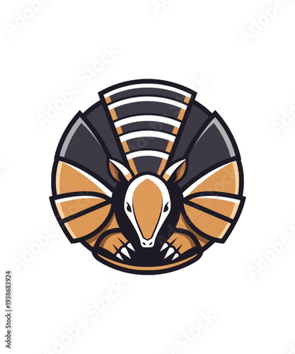 Stylized vector graphic illustration featuring a fierce armadillo head inside a circular emblem design