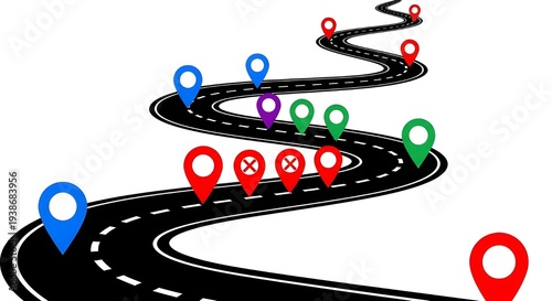 Winding road with multicolored location markers