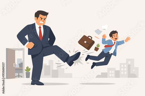 Angry Boss Kicking Out Employee from Office, Concept of Being Fired, Job Loss, Layoff, Business Failure, Underperforming Worker Dismissal, Corporate Conflict and Unemployment Vector Illustration