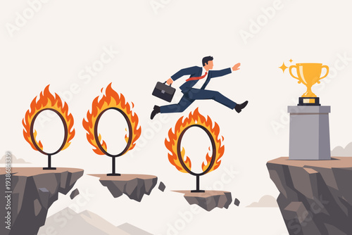 Businessman jumping over flaming hoops across mountain cliffs to reach a golden trophy, concept of overcoming business challenges, obstacles, risks, and danger to achieve success and rewards.