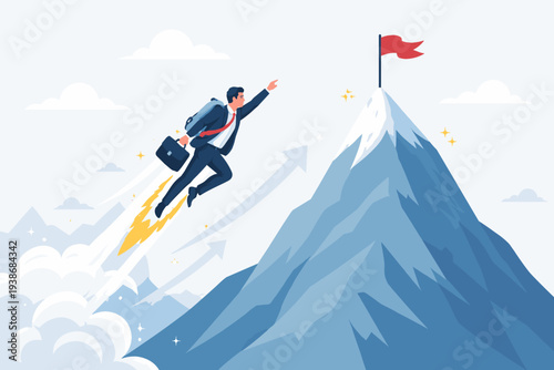 Businessman with Jetpack Flying to Mountain Peak with Red Flag for Success Achievement and Career Growth Concept, Creative Business Strategy for Reaching Goals and Victory Vector Illustration