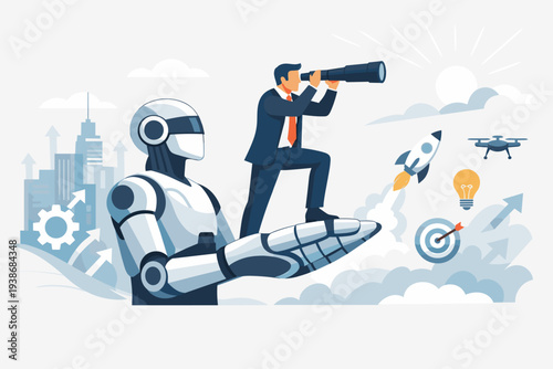 Businessman standing on a giant robot hand looking through a telescope at a rocket and drone, representing artificial intelligence helping business success, future vision, and automation tech.