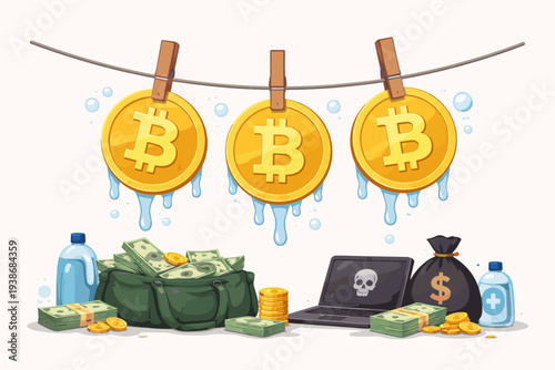 Bitcoin money laundering and financial crime concept illustration with BTC coins hanging on a clothesline dripping water over bags of cash, dollar bills, and a laptop showing a skull icon.