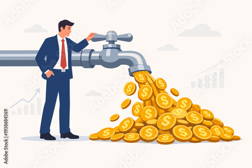 Wealthy Businessman Turning a Faucet to Release a Flow of Gold Dollar Coins Representing Cash Flow, Passive Income, Financial Success, Profit from Business, and Smart Stock Market Investment Growth.