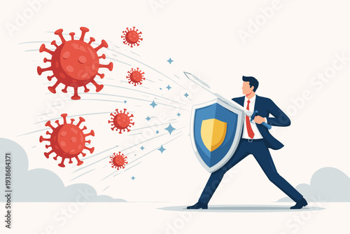 Businessman in Suit with Shield and Sword Defending Against Coronavirus Cells, Concept of Business Risk Management, Health Protection, and Economic Defense During COVID-19 Pandemic Outbreak