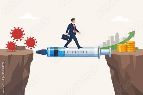Businessman crossing a chasm on a syringe bridge from coronavirus to financial growth, symbolizing the role of COVID-19 vaccines in global economic recovery, prosperity, and future market stability.