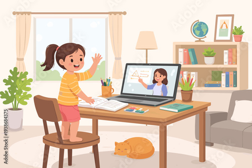 Little Girl Student Learning Online at Home with Laptop During School Closure. Remote Education Concept with Teacher on Screen, Books, and Cat. Homeschooling During Pandemic Lockdown Vector.