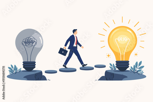 Businessman walking across stepping stones from a tangled grey lightbulb to a glowing yellow lightbulb, representing leadership transition, progress to new ideas, and discovering opportunities.