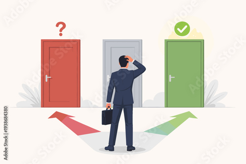 Businessman Standing Before Three Doors Making a Career Decision, Choosing Between Red Question Mark and Green Check Mark Options, Concept of Opportunity, Alternative Pathways, and New Job Choice.