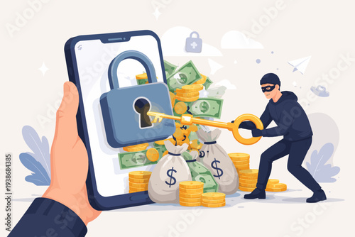 Cyber Security Concept with Hacker Stealing Money from Mobile Phone. Phishing, Digital Banking Threat, and Data Breach Illustration with Thief Unlocking Padlock on Smartphone Screen with Key