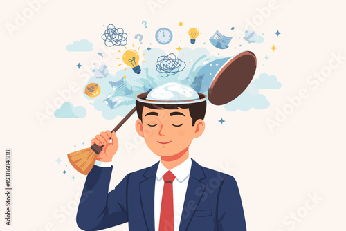 Businessman cleaning his brain with a broom to remove mental clutter, stress, and confusion for better focus, creative thinking, and mindfulness, conceptual vector illustration of mental health.