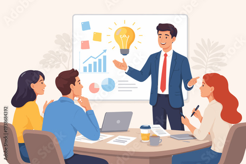 Businessman Presenting a Creative Idea to Colleagues in a Meeting, Explaining Strategy with Charts and a Lightbulb on a Whiteboard, Team Brainstorming, Leadership and Persuasion Illustration.