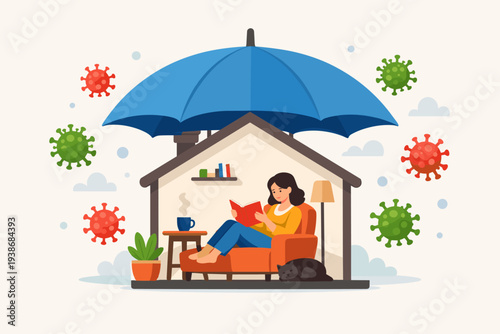 Stay Home Stay Safe Concept Illustration with a Woman Reading a Book Inside a House Protected by a Large Blue Umbrella from Coronavirus COVID-19 Virus Particles Floating Outside. Flat Vector.