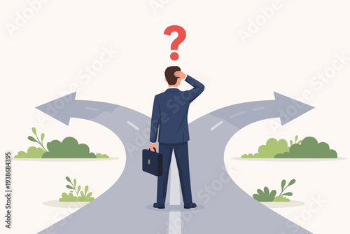 Businessman standing at a crossroads choosing between two directions left or right, concept of making a difficult decision, career path choice, strategy planning, and uncertainty in business life.