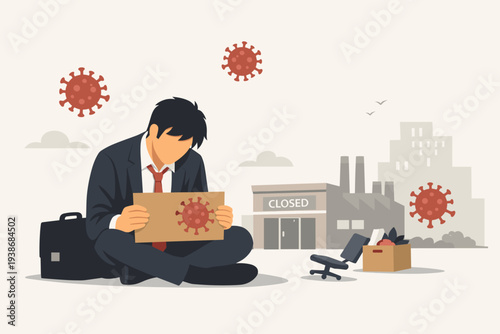 Sad Businessman Sitting on Ground After Losing Job Due to Coronavirus Pandemic Crisis and Company Closure, Unemployed Man with Cardboard Sign and Personal Belongings Box Near Closed Workplace