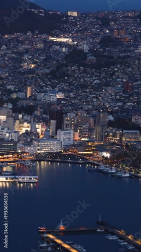 Wallpaper Mural Nagasaki night panorama, Japan, aerial view, city skyline, port and mountains, seen from Inasa mount, Inasayama park, city illumination, Nagasaki prefecture, Kyushu island region, ropeway cable car Torontodigital.ca