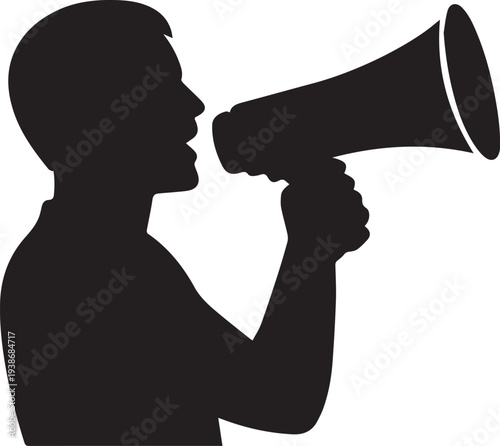 A silhouette profile of a business person and a man with a megaphone holding a bottle as people use a hairdryer near a man shouting through a megaphone