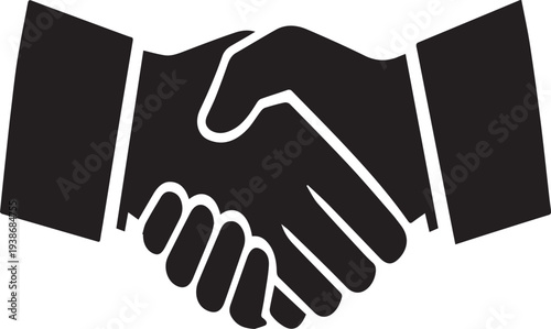 Black silhouette vector illustration of a business handshake symbol on a black background representing a successful deal, partnership agreement, and teamwork between people