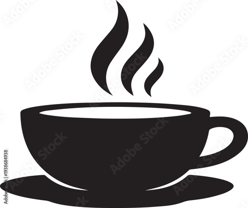 A simple vector icon illustration of a steaming hot cup of coffee or espresso in a mug on a saucer representing a delicious morning cafe beverage