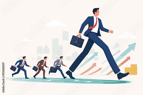 Successful business leader taking giant strides for competitive advantage to lead and increase market share from rivals, ambitious entrepreneur walking ahead of competitors in city landscape.