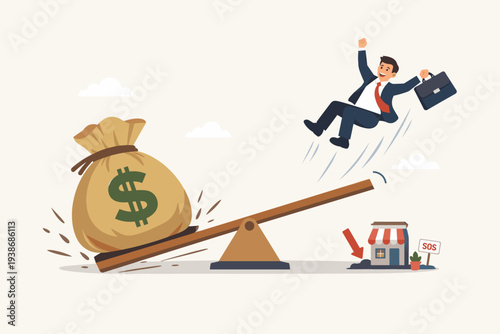 Happy Businessman Launched by Large Money Bag on Seesaw to Rescue Sinking Small Shop with SOS Sign, Concept of Venture Capital Funding, Business Loan, Financial Support and Economic Stimulus.