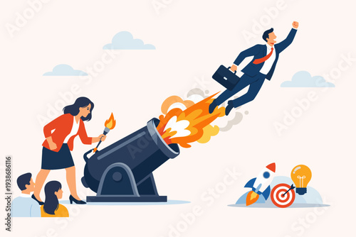 Business Coaching and Mentorship Concept with a Woman Lighting a Cannon to Launch a Successful Businessman into the Sky for Rapid Career Advancement, Productivity Boost, and Goal Achievement.