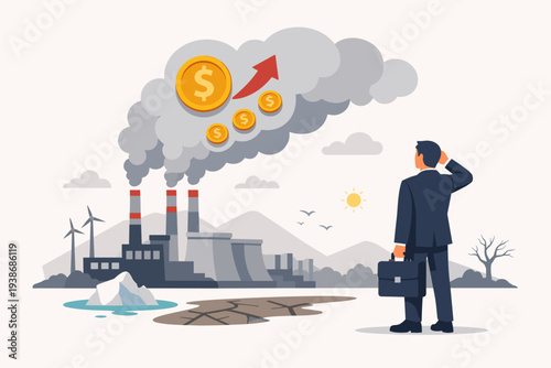 Carbon Tax Concept Illustration with Factory Emitting CO2 Smoke, Dollar Coins, and Rising Arrow Representing the Economic Cost of Environmental Pollution, Global Warming, and Climate Change.