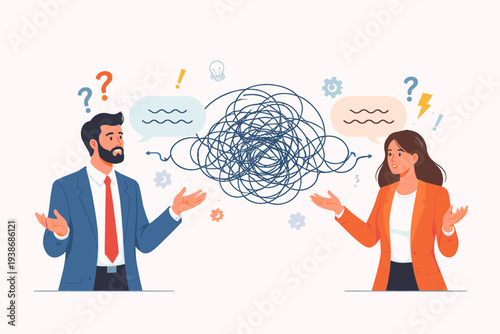 Business Communication Problem and Misunderstanding Concept with Man and Woman Facing Chaos and Confusion. Messy Tangled Lines Representing Conflict, Disagreement, and Lack of Clarity in Workplace.