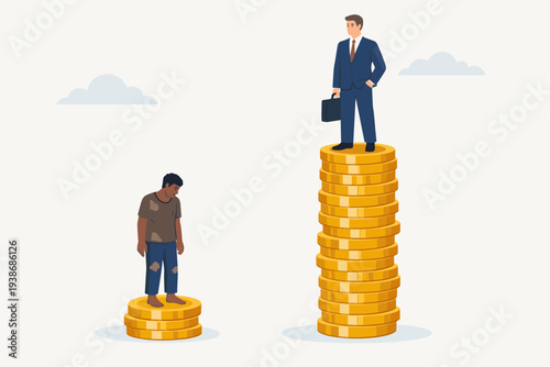 Economic inequality and social injustice concept with a rich businessman on a high stack of gold coins and a poor man in rags on a small stack of money representing the wealth gap and unfairness.