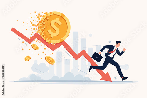 Businessman Running from Economic Recession and Financial Crisis with Falling Red Arrow and Disintegrating Dollar Coin Representing Inflation, Market Crash, and Loss of Investment Value