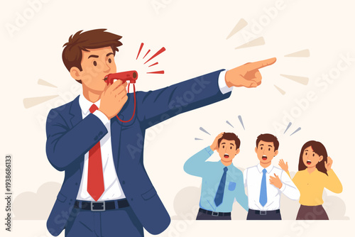 Business Whistleblower Concept Illustration of a Professional Man in a Suit Blowing a Whistle and Pointing to Expose Corporate Misconduct, Corruption, and Illegal Activity to the Public World