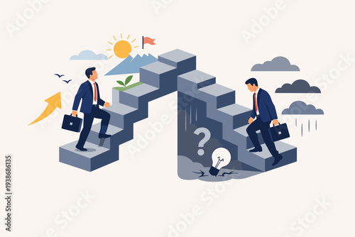 Business Paradox Concept of Growth and Decline with Two Businessmen on a Staircase Representing Success and Failure, Optimism and Pessimism, Career Path Challenges and Different Perspectives.