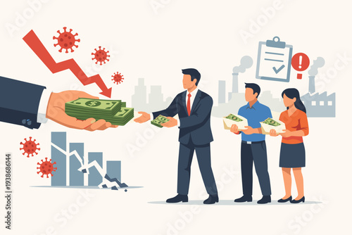 Government Financial Aid Stimulus Package for Businesses During COVID-19 Coronavirus Pandemic Crisis. Businessman Receiving Money to Pay Employee Salaries and Support Economic Recovery Policy.