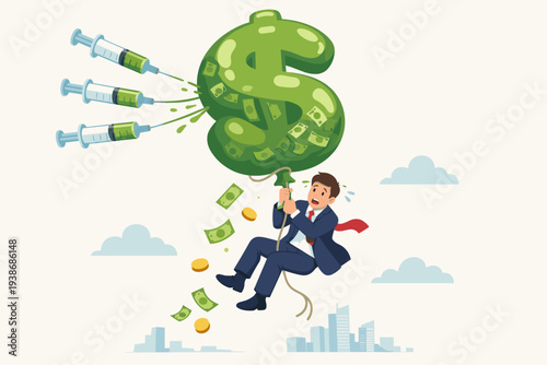 Businessman investor holding flying dollar sign balloon being injected with money by syringes, representing quantitative easing, financial bubble, economic stimulus, and market inflation risk.