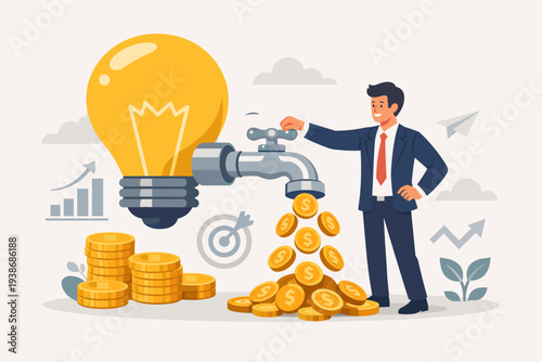Businessman turning a faucet on a lightbulb to release gold coins, representing turning creative ideas into profit, financial success, business innovation, and wealth generation from smart concepts.