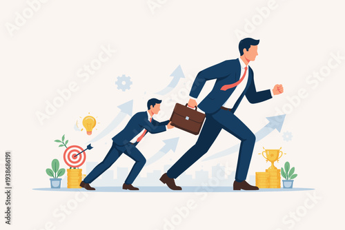 Businessman Pushing Colleague Forward to Achieve Success, Career Growth and Professional Development Concept with Trophy, Target, and Upward Arrows, Motivated Employee Striving for Excellence