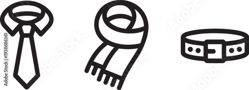 Clothing accessories icon set with necktie scarf and leather belt for formal and winter fashion